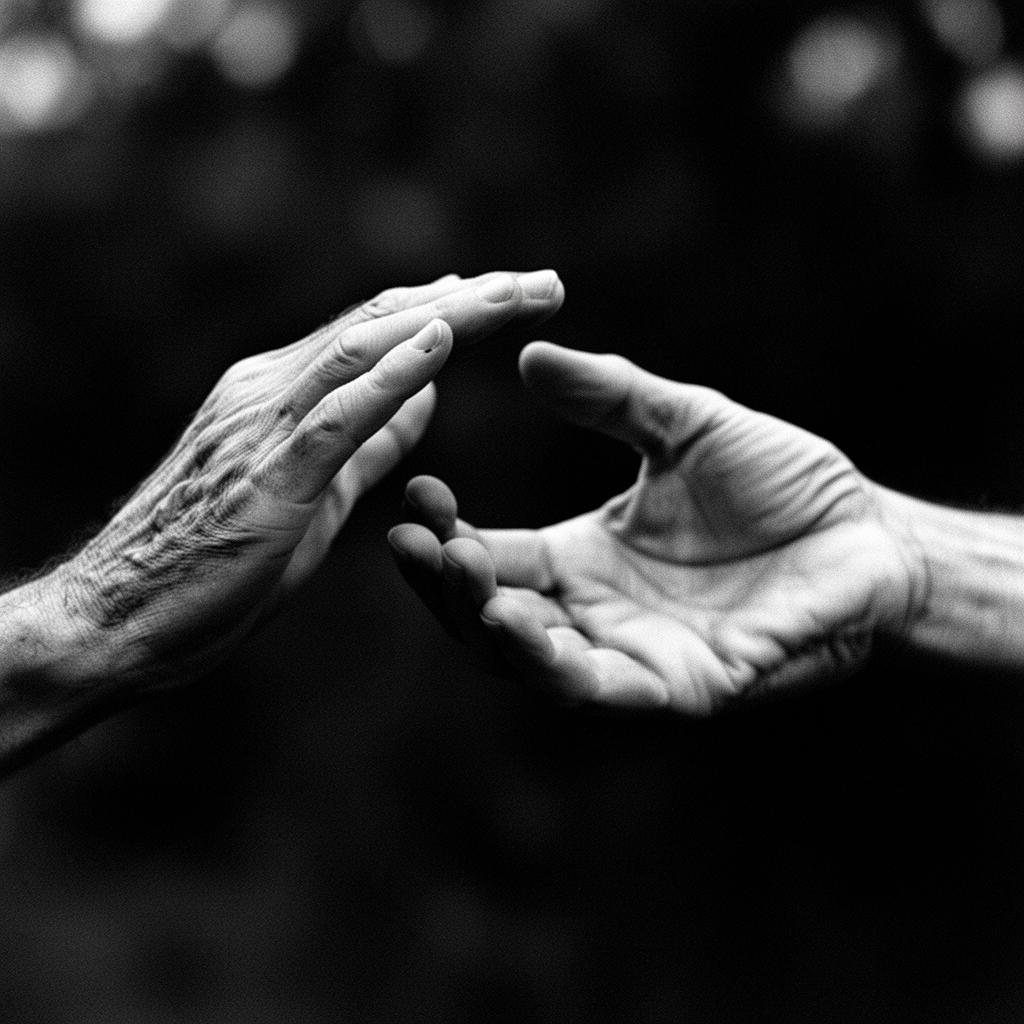 Close-up of two weathered hands held in a ward-off posture, palms cupped around an invisible sphere.